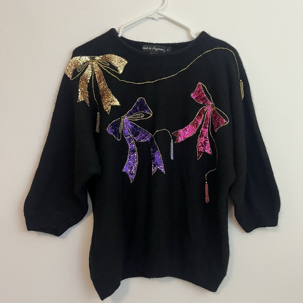 Vintage Sweater Womens L‎ Sequins Glam Bows Balloon Sleeves Black Pink Bling